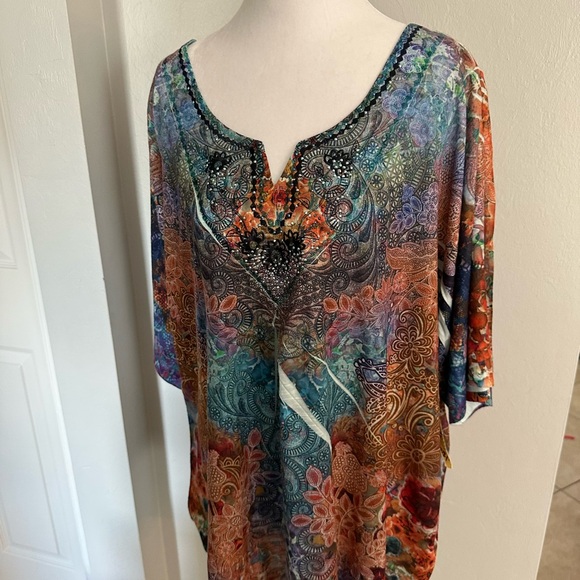 One World Multicolor 3/4 Sleeve Unique Top Size 1X NWT - Picture 1 of 8